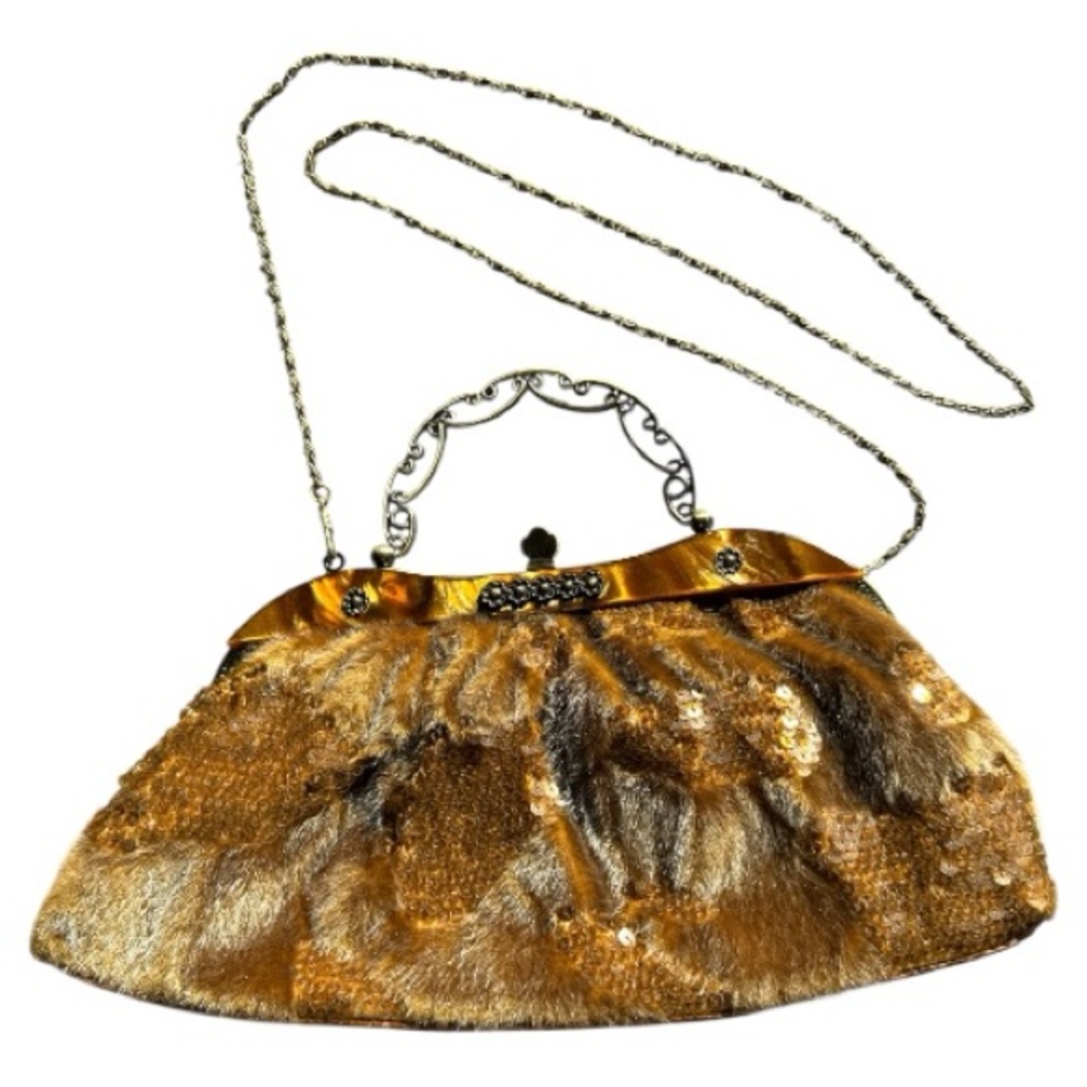 IN's Faux Fur Leather Sequins Tortoise Shell Clutch Gold Tone - Picture 4 of 13